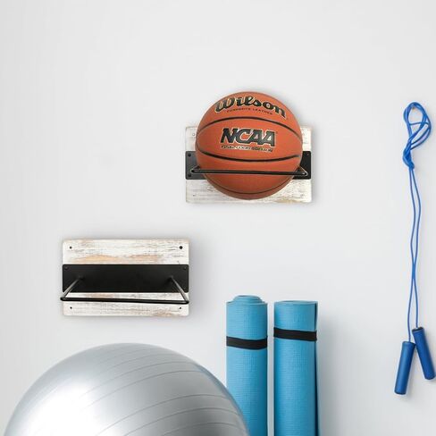 حامل كرة تثبيت للتمارين الرياضية مثبت على الحائط من MyGift، حامل عرض من الخشب الصلب المحروق الريفي وسلك معدني أسود لكرات اليوجا في صالة الألعاب الرياضية المنزلية أو الاستوديو، مجموعة من 2 in Kuwait