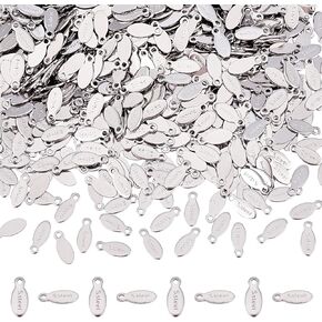 DICOSMETIC 1000Pcs Small Tag Charms Stainless Steel Oval End Tab Charms with Word Bulk Jewelry End Tabs Connector Teardrop Extender Chain End Charm for Jewelry Making, Hole: 1.2mm
