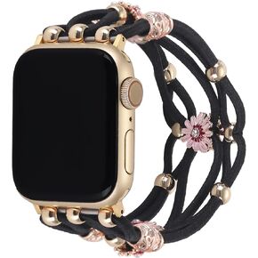 Floral Bracelet Compatible with Apple Watch 38mm 40mm 41mm for Women, Premium Nylon Elastic Stretchy Boho Stylish Solo Loop Strap for iWatch Series SE 7 6 5 4 3 2 1