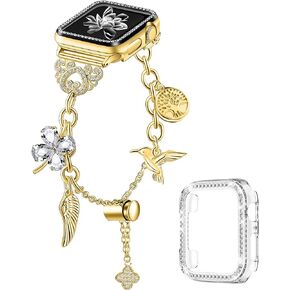 Bling Bracelet Band for Women Compatible with Charm Apple Watch Bands 38mm 40mm 42mm 44mm,Adjustable Stainless Steel Smartwatch Band with Bling Diamond Protective Cover for iwatch Series SE Series 7 6 5 4 3 2 1