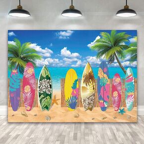 BINQOO 7x5ft Summer Surfboard Beach Themed Party Photography Backdrop Surfs Up Seaside Tropical Hawaiian Island Background Sea Sky Sunshine Florida Pool Party Backdrop