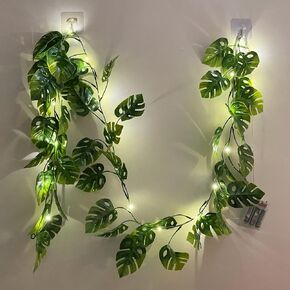 20 LED Monstera Leaf String Lights, Artificial Tropical Palm Leaves Greenery Vines with Lights,Summer Decoration for Hawaiian Jungle Safari Luau Party BBQ Beach Birthday Theme Decor