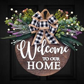 Welcome Sign Wreath for Front Door Porch Outside, 3D Rustic Solid Wood Wreaths Use for Farmhouse Outdoor Indoor, Beaded Hanging with Eucalyptus