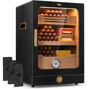 Cigar Humidor, Desktop Cigar Humidor Cabinet Light Control System with Spanish Cedar Wood Shelves, Hygrometer, 3 Humidifiers and Cigar Accessories Drawer, Father's Day Gift for Men (Black)