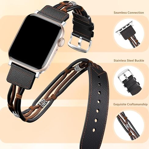 Leather Bands Compatible for Apple Watch Band 38mm 40mm 41mm 42mm 44mm 45mm 49mm Women Men, Double Tour Genuine Leather Replacement Strap for iWatch Apple Watch Series 9 8 7 6 5 4 3 SE Ultra in Saudi Arabia