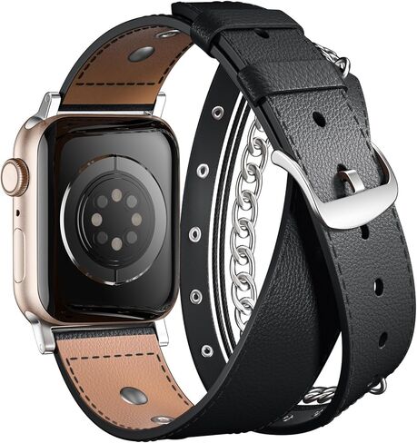 Leather Bands Compatible for Apple Watch Band 38mm 40mm 41mm 42mm 44mm 45mm 49mm Women Men, Double Tour Genuine Leather Replacement Strap for iWatch Apple Watch Series 9 8 7 6 5 4 3 SE Ultra in Kuwait