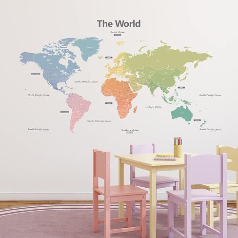 DECOWALL DL3-1809 XLarge Modern Pastel Tones World Map Kids Wall Stickers (60x35 inch) Wall Decals Peel and Stick Removable Wall Stickers for Kids Nursery Bedroom Living Room in Saudi Arabia