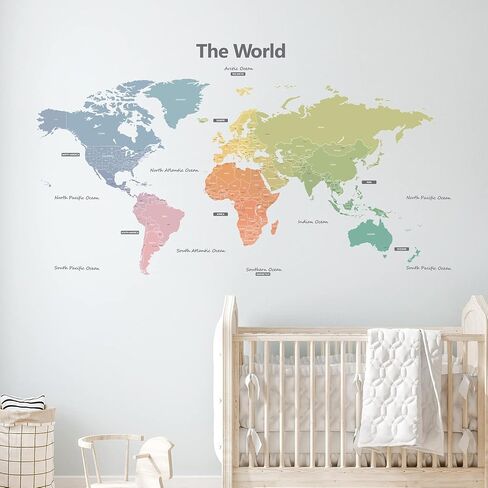 DECOWALL DL3-1809 XLarge Modern Pastel Tones World Map Kids Wall Stickers (60x35 inch) Wall Decals Peel and Stick Removable Wall Stickers for Kids Nursery Bedroom Living Room in Saudi Arabia