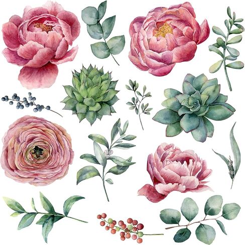 Amaonm Removable 3D Beautiful Pink Red Peony Flowers with Green Plants Leaf Wall Decal Wall Stickers DIY Peel and Stick Art Decor for Kids Girls Bedroom Living Room Nursery Decoration (B) in Saudi Arabia