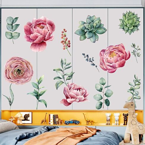 Amaonm Removable 3D Beautiful Pink Red Peony Flowers with Green Plants Leaf Wall Decal Wall Stickers DIY Peel and Stick Art Decor for Kids Girls Bedroom Living Room Nursery Decoration (B) in Saudi Arabia