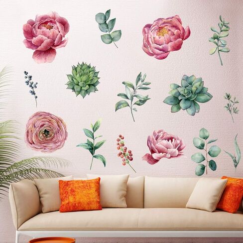 Amaonm Removable 3D Beautiful Pink Red Peony Flowers with Green Plants Leaf Wall Decal Wall Stickers DIY Peel and Stick Art Decor for Kids Girls Bedroom Living Room Nursery Decoration (B) in Saudi Arabia