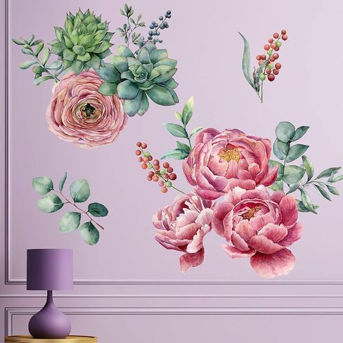 Amaonm Removable 3D Beautiful Pink Red Peony Flowers with Green Plants Leaf Wall Decal Wall Stickers DIY Peel and Stick Art Decor for Kids Girls Bedroom Living Room Nursery Decoration (B) in Saudi Arabia