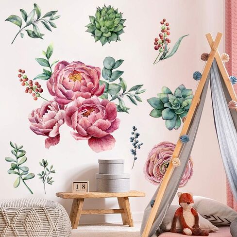 Amaonm Removable 3D Beautiful Pink Red Peony Flowers with Green Plants Leaf Wall Decal Wall Stickers DIY Peel and Stick Art Decor for Kids Girls Bedroom Living Room Nursery Decoration (B) in Saudi Arabia