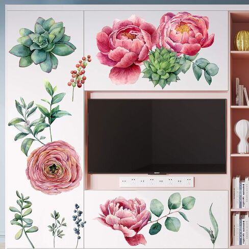 Amaonm Removable 3D Beautiful Pink Red Peony Flowers with Green Plants Leaf Wall Decal Wall Stickers DIY Peel and Stick Art Decor for Kids Girls Bedroom Living Room Nursery Decoration (B) in Saudi Arabia