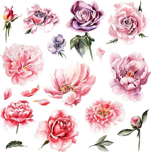 Amaonm Removable 3D Beautiful Pink Red Peony Flowers with Green Plants Leaf Wall Decal Wall Stickers DIY Peel and Stick Art Decor for Kids Girls Bedroom Living Room Nursery Decoration (B) in Saudi Arabia