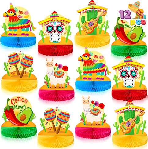 JOYIN 12 PCS Cinco de Mayo Honeycomb Table Centerpieces, Fiesta Honeycomb Table Set, Mexican Flair Decorations for Fiesta Taco Bar Party Decor, Luau Event Photo Props, Taco Tuesday Event in Saudi Arabia