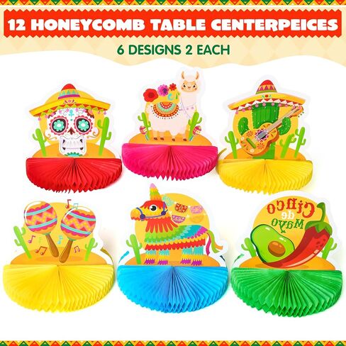 JOYIN 12 PCS Cinco de Mayo Honeycomb Table Centerpieces, Fiesta Honeycomb Table Set, Mexican Flair Decorations for Fiesta Taco Bar Party Decor, Luau Event Photo Props, Taco Tuesday Event in Saudi Arabia