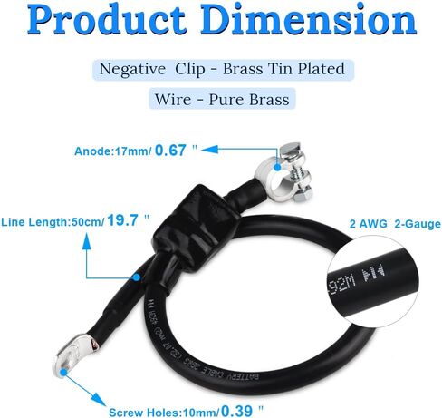 WATERWICH Negative Battery Cable Wire 2 AWG 2-Gauge 20 Inches with 2 hot melt adhesives Pure Copper Perfect Connection for Ship Boat Small Yacht RV Camper Truck Car Vehicle(Negative Battery Cable) in Saudi Arabia
