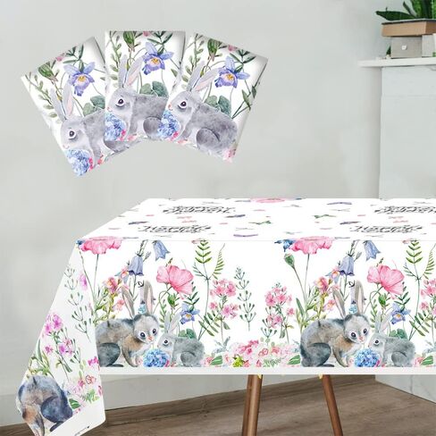 Easter Tablecloth Disposable Thick Spring Flowers Table Cover Plastic Rectangular Bunny Tablecloths for Easter Spring Party Supplies Wedding Anniversary Birthday Decor (3 Pack) in Kuwait