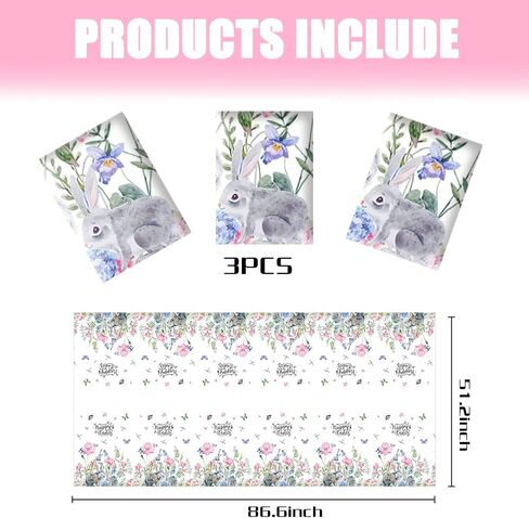 Easter Tablecloth Disposable Thick Spring Flowers Table Cover Plastic Rectangular Bunny Tablecloths for Easter Spring Party Supplies Wedding Anniversary Birthday Decor (3 Pack) in Kuwait