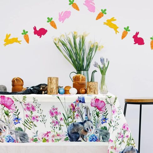 Easter Tablecloth Disposable Thick Spring Flowers Table Cover Plastic Rectangular Bunny Tablecloths for Easter Spring Party Supplies Wedding Anniversary Birthday Decor (3 Pack) in Kuwait