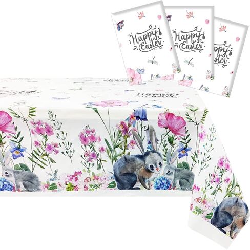 Easter Tablecloth Disposable Thick Spring Flowers Table Cover Plastic Rectangular Bunny Tablecloths for Easter Spring Party Supplies Wedding Anniversary Birthday Decor (3 Pack) in Kuwait