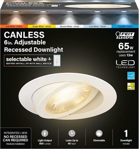 مصابيح LED كهربائية مقاس 6 بوصات من Feit Electric قابلة للتعديل مع صندوق J مدمج، ما يعادل 65 وات، قابلة للتعتيم، 5CCT أبيض قابل للاختيار، 90 CRI، 850 لومن، 4 عبوات، LEDR6XT/ADJ/6WYCA/4 in Kuwait