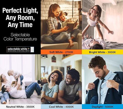 مصابيح LED كهربائية مقاس 6 بوصات من Feit Electric قابلة للتعديل مع صندوق J مدمج، ما يعادل 65 وات، قابلة للتعتيم، 5CCT أبيض قابل للاختيار، 90 CRI، 850 لومن، 4 عبوات، LEDR6XT/ADJ/6WYCA/4 in Kuwait