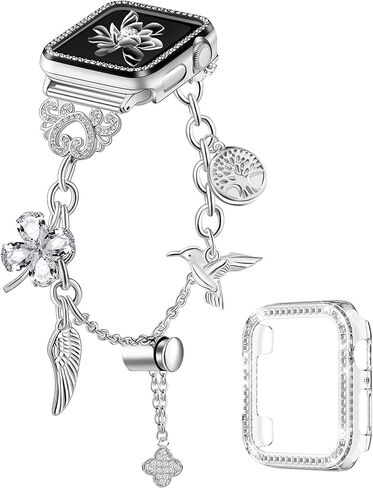 Bling Bracelet Band for Women Compatible with Charm Apple Watch Bands 38mm 40mm 42mm 44mm,Adjustable Stainless Steel Smartwatch Band with Bling Diamond Protective Cover for iwatch Series SE Series 7 6 5 4 3 2 1 in Saudi Arabia