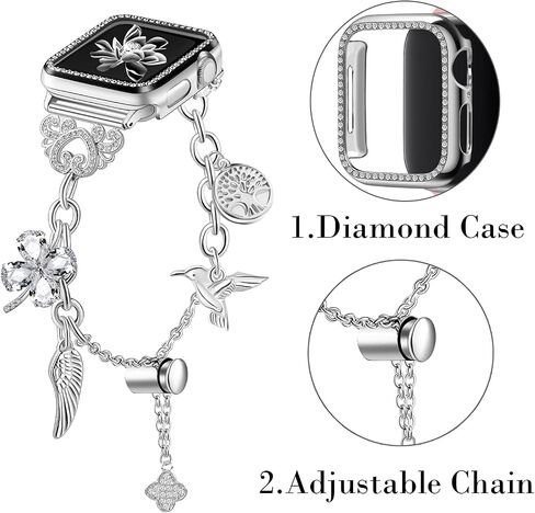 Bling Bracelet Band for Women Compatible with Charm Apple Watch Bands 38mm 40mm 42mm 44mm,Adjustable Stainless Steel Smartwatch Band with Bling Diamond Protective Cover for iwatch Series SE Series 7 6 5 4 3 2 1 in Saudi Arabia