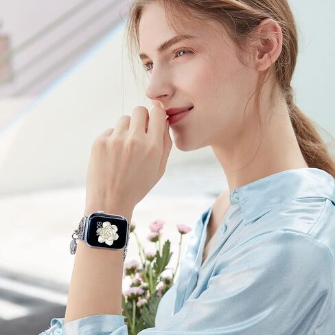 Bling Bracelet Band for Women Compatible with Charm Apple Watch Bands 38mm 40mm 42mm 44mm,Adjustable Stainless Steel Smartwatch Band with Bling Diamond Protective Cover for iwatch Series SE Series 7 6 5 4 3 2 1 in Saudi Arabia