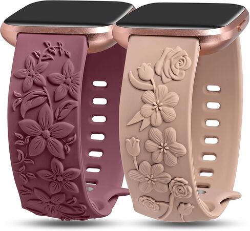 TOYOUTHS 2 Pack Compatible with Fitbit Versa 2/Versa Lite/Versa Watch Bands for Women Floral Engraved Soft Silicone Dressy Embossed Flower Strap Replacement Versa 2 Special Edition Bracelet Wristband in Saudi Arabia