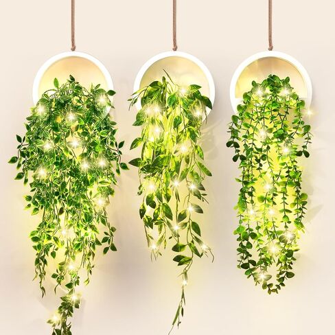 3 Pcs Fake Hanging Plants with LED Lights Kits Artificial Eucalyptus Plants in Pot with a Lanyard Faux Hanging Golden Pothos Artificial Hanging Mandala Vine for Wall Bedroom Living Room Decor in Saudi Arabia