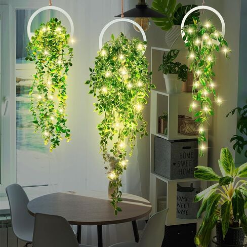 3 Pcs Fake Hanging Plants with LED Lights Kits Artificial Eucalyptus Plants in Pot with a Lanyard Faux Hanging Golden Pothos Artificial Hanging Mandala Vine for Wall Bedroom Living Room Decor in Saudi Arabia