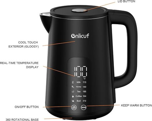 Temperature Control Electric Kettle, Long-term Keep Warm 304 SS Interior 1.7 L Electric Tea Kettle & Hot Water Boiler with Real Time Display,Auto-Off & Boil-Dry Protection, BPA Free in Saudi Arabia