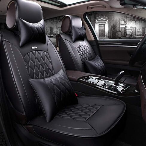 Black Full Set Universal Fit 5 Seats Car Surrounded Solid Color Waterproof Leather Car Seat Covers Protector Adjustable Removable Auto Seat Cushions with 2 Waist Pillows 2 Headrest Pillows in Saudi Arabia