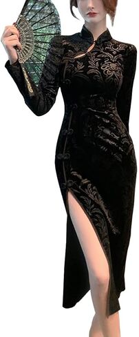 Women's Cheongsam Costume Long Sleeve Vintage Floral High Side Slit Slim Fit Mandarin Collar Chinese Cocktail Qipao Outfit (63-Black, M) in Saudi Arabia