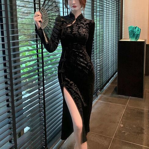 Women's Cheongsam Costume Long Sleeve Vintage Floral High Side Slit Slim Fit Mandarin Collar Chinese Cocktail Qipao Outfit (63-Black, M) in Saudi Arabia