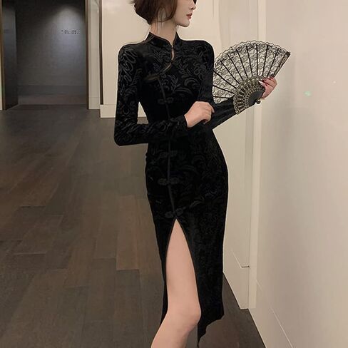 Women's Cheongsam Costume Long Sleeve Vintage Floral High Side Slit Slim Fit Mandarin Collar Chinese Cocktail Qipao Outfit (63-Black, M) in Saudi Arabia