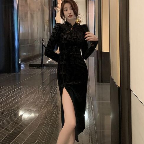 Women's Cheongsam Costume Long Sleeve Vintage Floral High Side Slit Slim Fit Mandarin Collar Chinese Cocktail Qipao Outfit (63-Black, M) in Saudi Arabia