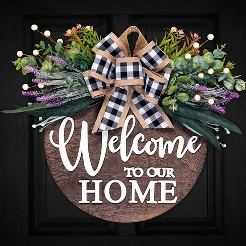 Welcome Sign Wreath for Front Door Porch Outside, 3D Rustic Solid Wood Wreaths Use for Farmhouse Outdoor Indoor, Beaded Hanging with Eucalyptus in Saudi Arabia