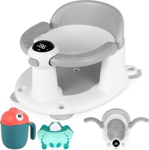 Baby Bath Seat for Babies 6 Months & Up, Bath Seats for Babies Sitting Up, Infant & Toddler Bath Seat with Thermometer for Baby Bathtub Shower, Non-Slip, Safe & Comfortable Baby Bath Support, Grey in Saudi Arabia