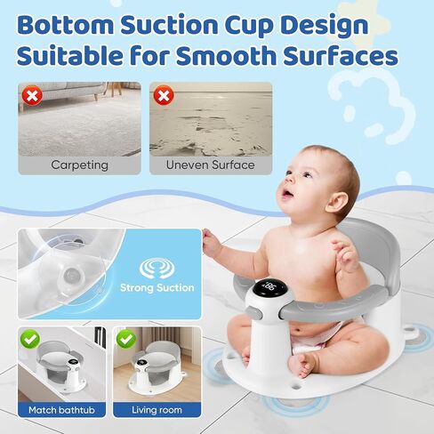 Baby Bath Seat for Babies 6 Months & Up, Bath Seats for Babies Sitting Up, Infant & Toddler Bath Seat with Thermometer for Baby Bathtub Shower, Non-Slip, Safe & Comfortable Baby Bath Support, Grey in Saudi Arabia