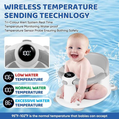 Baby Bath Seat for Babies 6 Months & Up, Bath Seats for Babies Sitting Up, Infant & Toddler Bath Seat with Thermometer for Baby Bathtub Shower, Non-Slip, Safe & Comfortable Baby Bath Support, Grey in Saudi Arabia