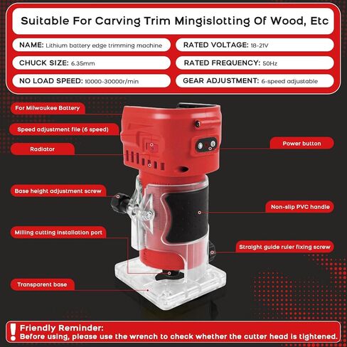 Cordless Router Compatible With Milwaukee M18 Battery, 6-Speed, 30,000 RPM, 850W Brushless Handheld Palm Routers Woodworking Hand Edge Trimmer with 15 PCS 1/4" Router Bits Set (No Battery) in Kuwait