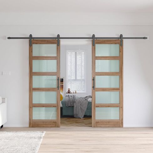 Fredbeck Double 32x84 Frosted Glass Barn Doors 64x84 والأجهزة المدرجة in Saudi Arabia