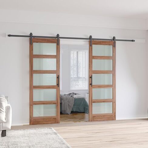 Fredbeck Double 32x84 Frosted Glass Barn Doors 64x84 والأجهزة المدرجة in Saudi Arabia