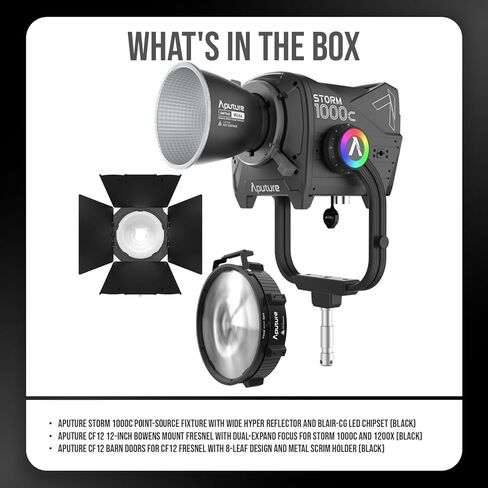Aputure Storm 1000c نقطة مصلحة مع حزمة عاكس عاكس عاكس (أسود) مع Aputure CF12 12 بوصة Mount Fresnel (Black) و Aputure CF12 حظيرة ل CF12 Fresnel (أسود) (3 عناصر) in Kuwait