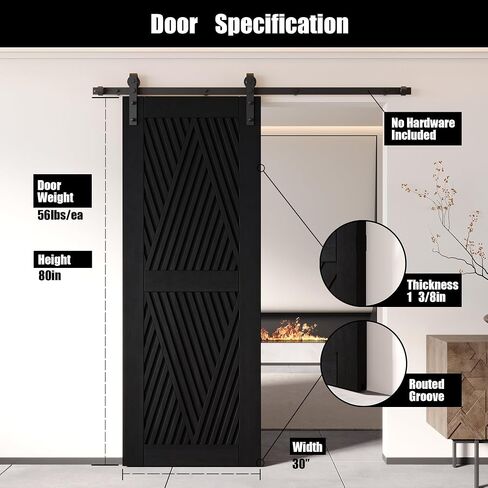 Homacer 36 in. x 80 in. Diamond Design Black Finished & Unassembled Pine Wood Barn Door (Interior Use Only) in Kuwait