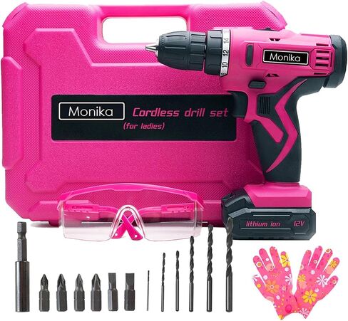 Monika 12V Pink Lithium Cordless Drill Bit Set Kits Screw Bits Sockets 18+1 Torque Setting, LED Light, Electric Power Drill Driver for Home, Office DIY and Wall Drilling, Wood, Metal W/Battery in Saudi Arabia
